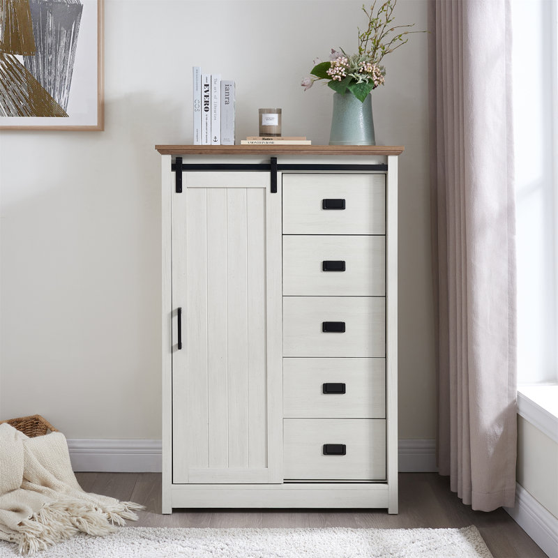 5 Drawers Dresser W/Sliding Barn Door, White