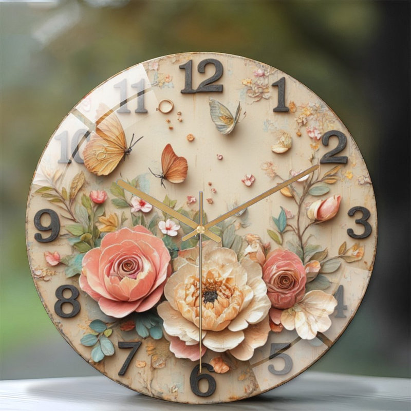 Horloge florale avec papillons - horloge murale moderne en verre 12 po