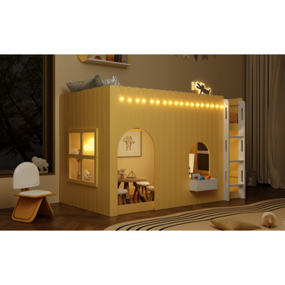 Lit mezzanine simple pour enfant avec guirlande lumineuse DEL jaune primevère