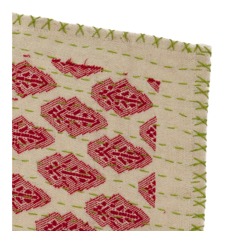 Chemin de table en coton tissé à la main Artisan - rouge avec coutures vertes - 18 po x 96 po