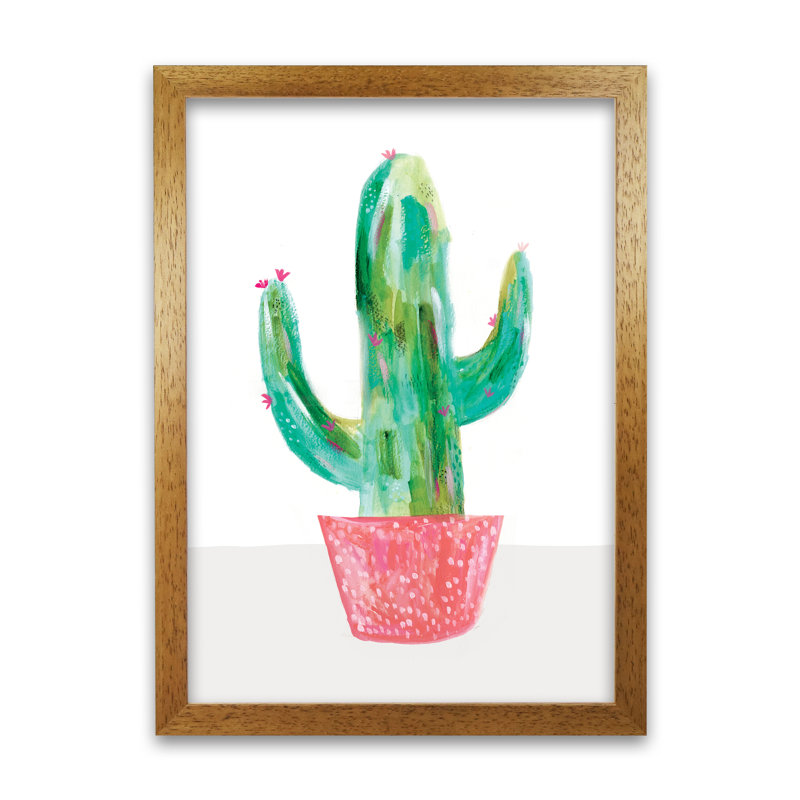 Painted Cactus In Coral Plant Pot by Laura Irwin - Print, 84cm H x 59.4cm W x 3cm D, Oak Framed