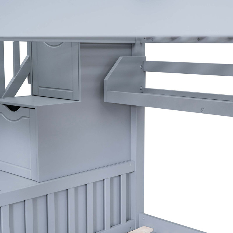 Hannu 2 Drawers Bunk Bed with Storage Stairs, Slide and Bookcase, Gray, Full over Full
