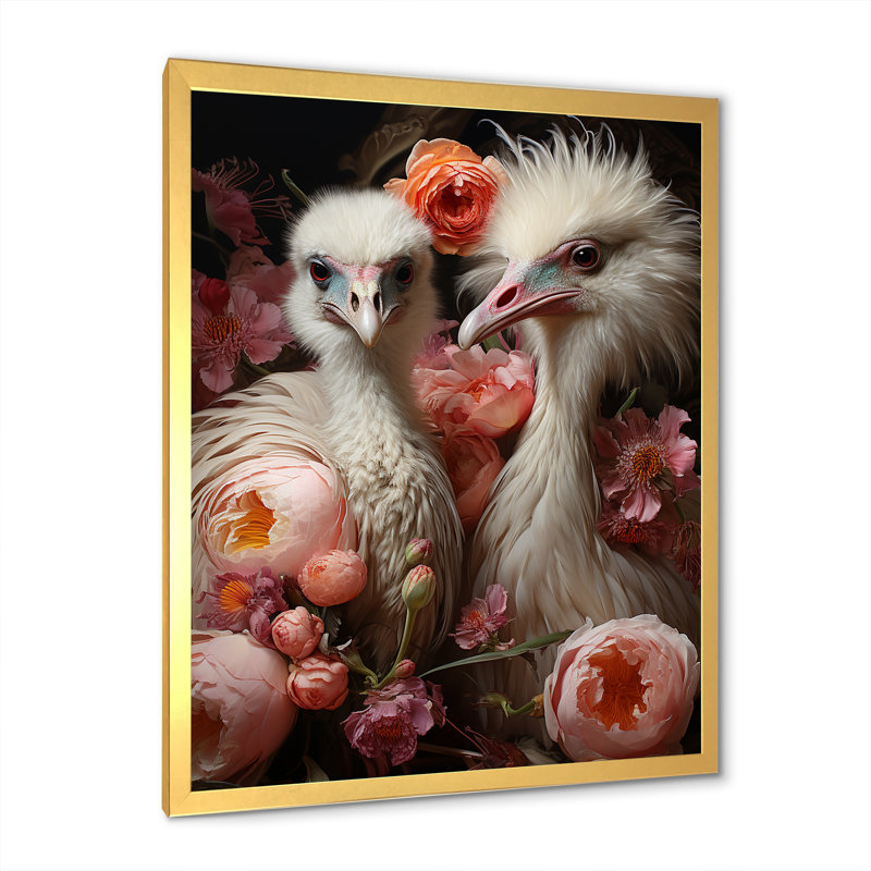 Autruches, rêverie délice II sur toile, Cadre doré simple, H 32 po x l 24 po x P 1 po