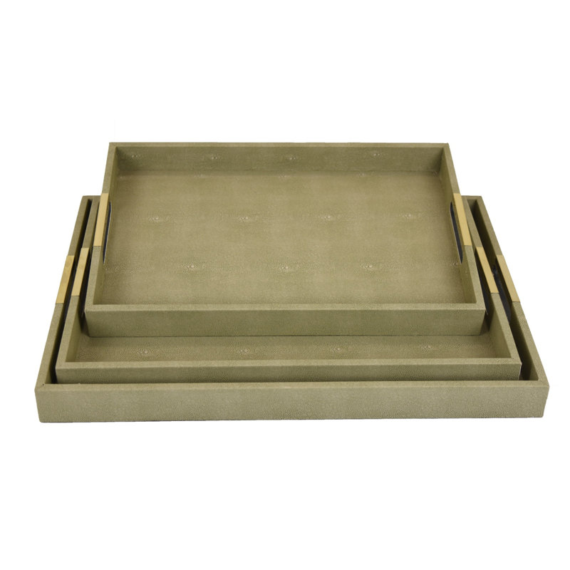 Koi 3pc Nested Serving Tray Set, Faux Shagreen Texture, Sage Green Wood