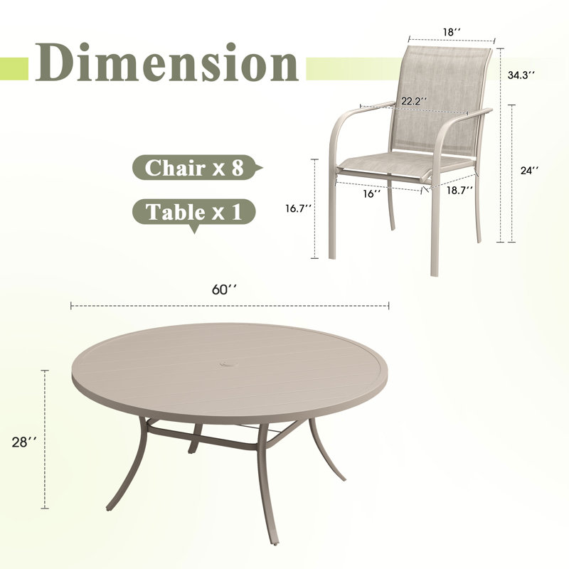 Ensemble de salle à manger pour 8 personnes avec chaises empilables PVC-coated polyester, Sable / coquillage
