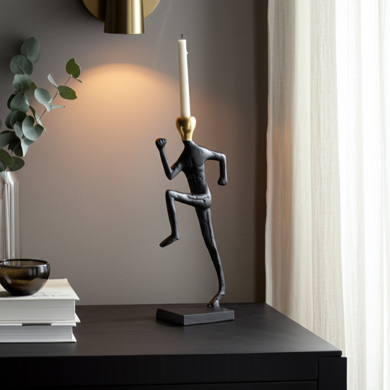 Modern Running Man Taper Candle Holder - Decorative Sculptural Candlestick Holder for Dining Room Tabletop - 15", Gold & Black
