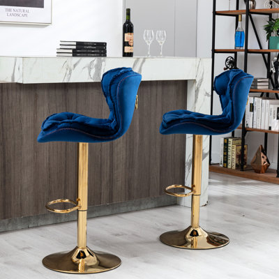 2 tabourets de bar, velours bleu marine + pieds dorés, repose-pieds et base, réglable en hauteur, rembourrage en mousse