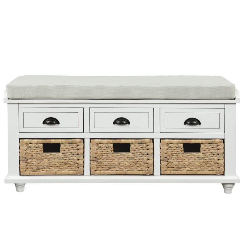 Banc de rangement rustique avec 3 tiroirs et 3 paniers en rotin, banc à chaussures pour le salon, entrée (blanc), Blanc