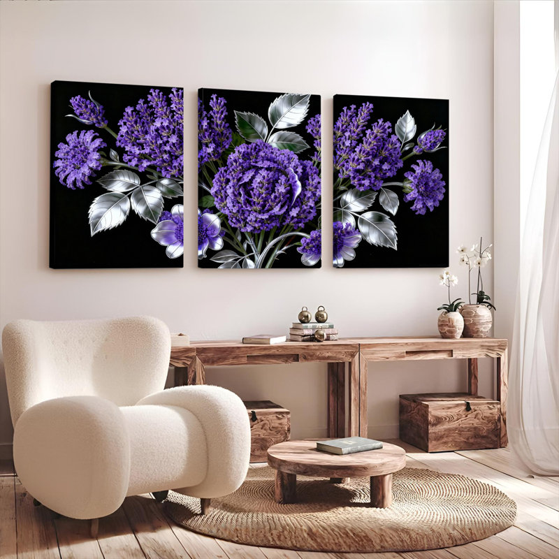 Tableau sur toile tendue « Bouquet de fleurs violettes » (lot de 3), H 24 po x l 48 po