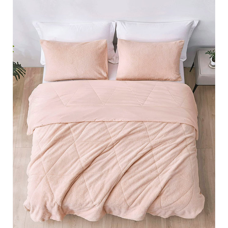 Zane Sherpa Reversible Microfiber Comforter Set, Full Comforter + 2 Standard Shams, Blush