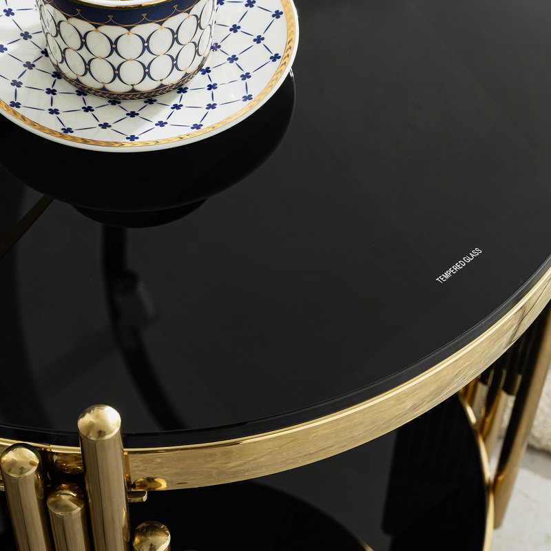 table d'appoint en verre trempé noir double couche table d'angle table d'appoint ronde en acier inoxydable doré pour le salon