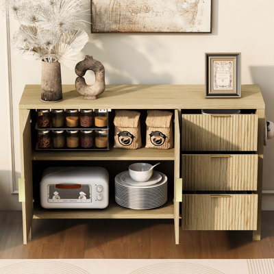 U-Style Sideboard With 3 Drawers And Extra Center Leg, Modern Wave-Pattern Buffet Cabinet Hooks For Hallway, Offering Flexible Storage Stability Support Living Room, Scratch- Surface Multi-Functional