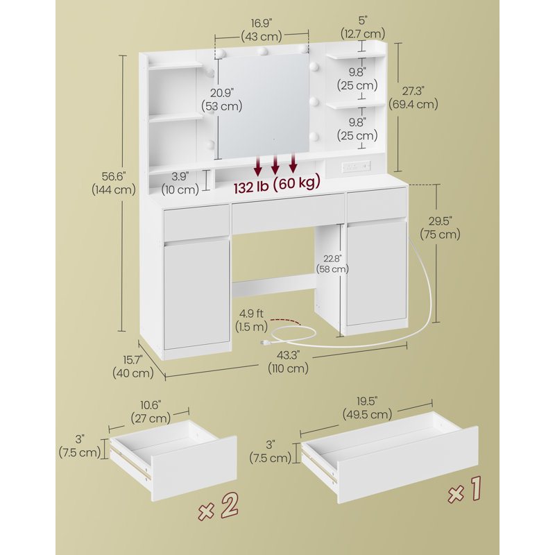 Vanity Desk With Mirror And 9 LED Bulbs, Vanity Makeup Table With Power Outlets, Dressing Table With 2 Cabinets, For Bedroom