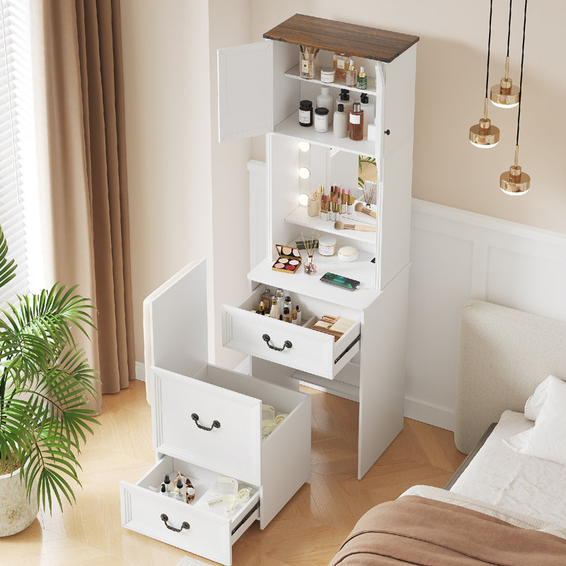 Small Makeup Vanity Set with LED Lights, White;Brown