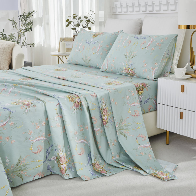 100% Egyptian Cotton Fitted Sheet Set,4pcs 800 Thread Count Luxury Flower-Themed Set, Breathable For Bedroom Guest Room Student Dorm All Seasons