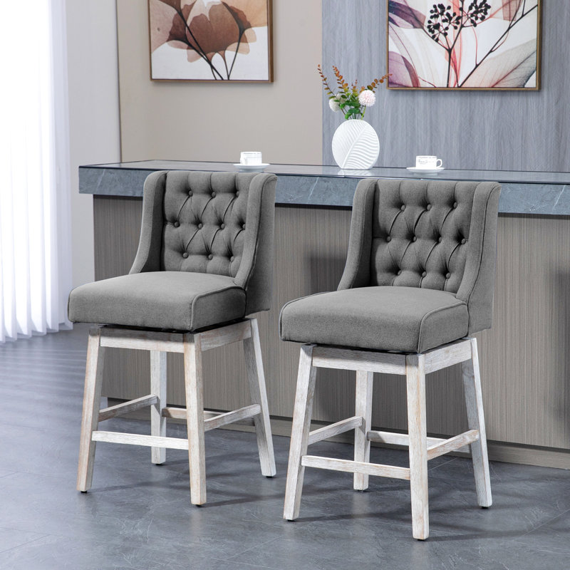 De 2 chaises de comptoir, pivotant à 180 degrés, repose-pieds en bois massif, bouton, gris, hauteur 2, gris