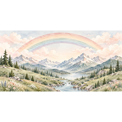Mountain River Rainbow Wallpaper Mural, Peel and Stick Kids Room Wall Mural, Watercolor Mountain Rainbow Nursery Wallpaper