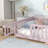 Twin Size Floor Bed With Fence And Door,Rubber Wood Floor Bed With Safety Guardrails,Pink-1066806934