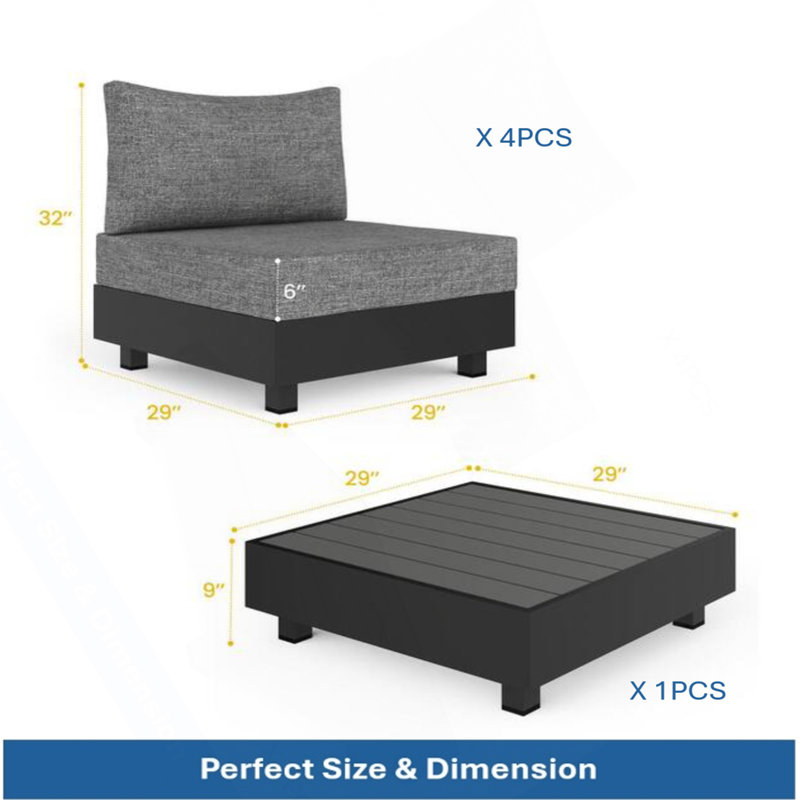 Ensemble modulaire de patio 5 pièces en aluminium gris avec chaises modulaires et table basse