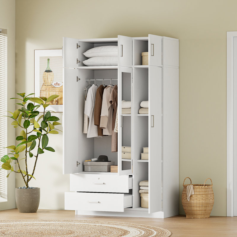 Armoire à miroir 3 portes avec 2 tiroirs et armoire supérieure, Blanc