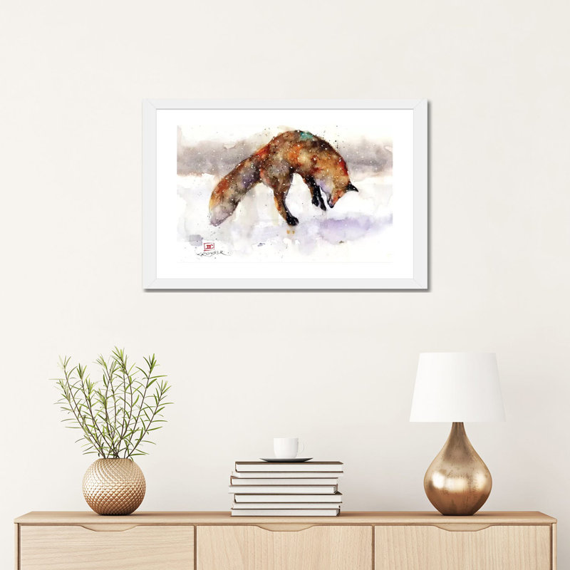 « Jumping Fox » par Dean Crouser, reproduction d’art, H 16 po x l 24 po x P 1 po, Papier encadré blanc, Blanc