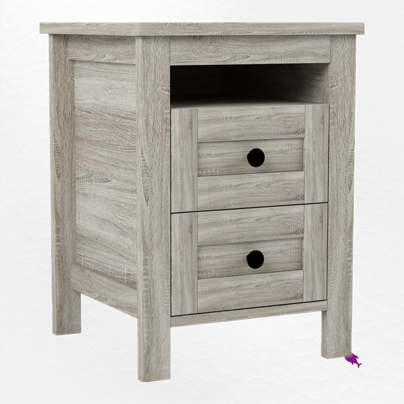 Table de chevet 2 tiroirs en bois, Gris