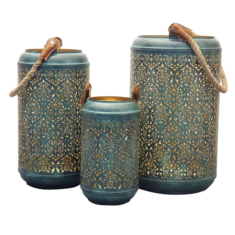 3 Piece Metal Wall Lantern Set, Green
