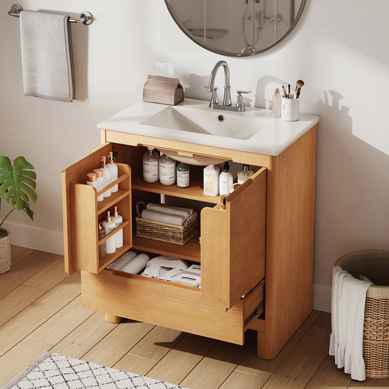 Meuble-lavabo moderne 30 po avec cadre en bois massif et mécanisme de fermeture en douceur, Chêne