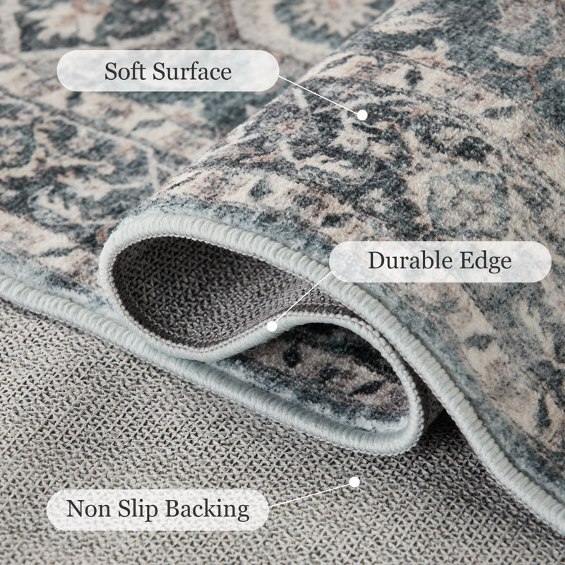 Oriental Inspired Vintage Machine Washable Area Rug with Non-Slip Backing for High Traffic Area, Living Room, Bed Room, Kitchen, Hallway, Entryway Rug