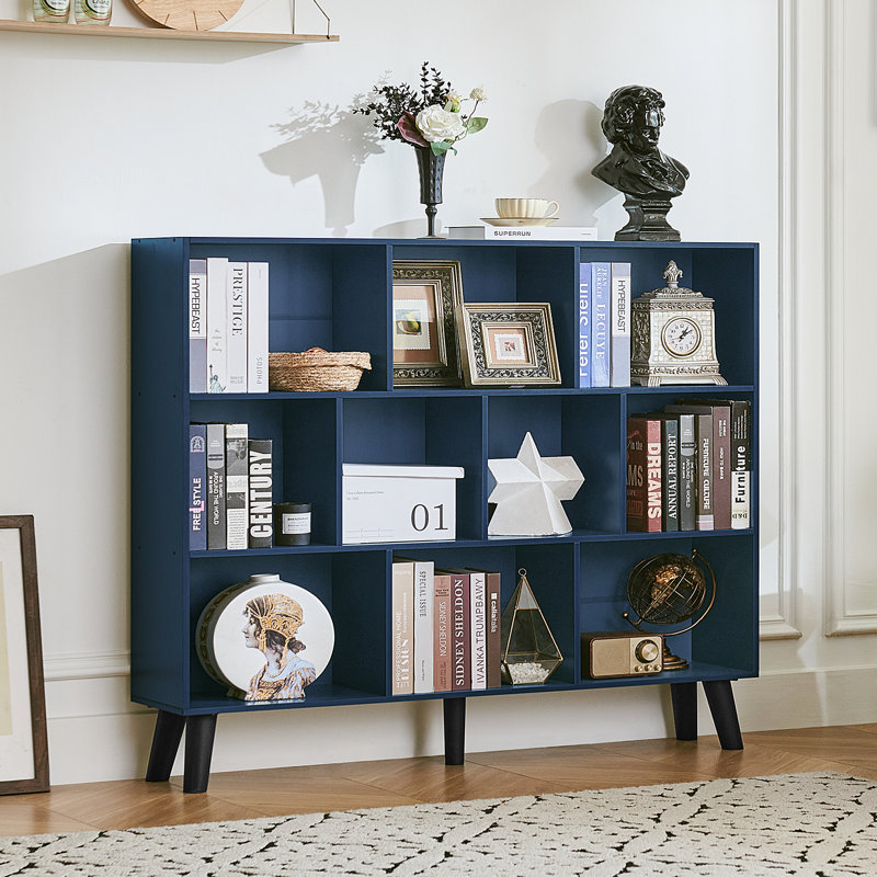 10 Cube Bookshelf,3 Tier Modern Wide Bookcase With Legs,Mid-Century Wood Bookshelves Storage，Retro Large Book Case,Freestanding Organizer Display Shelf For Bedroom,Living Room,Office