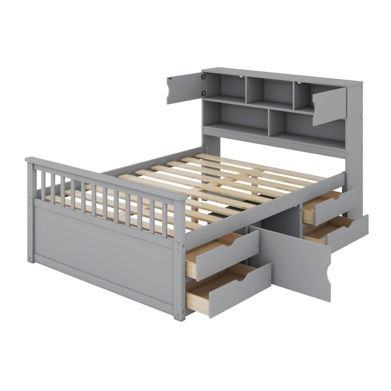 Base de lit plateforme pleine grandeur avec bibliothèque de rangement et tablettes, 4 tiroirs, gris