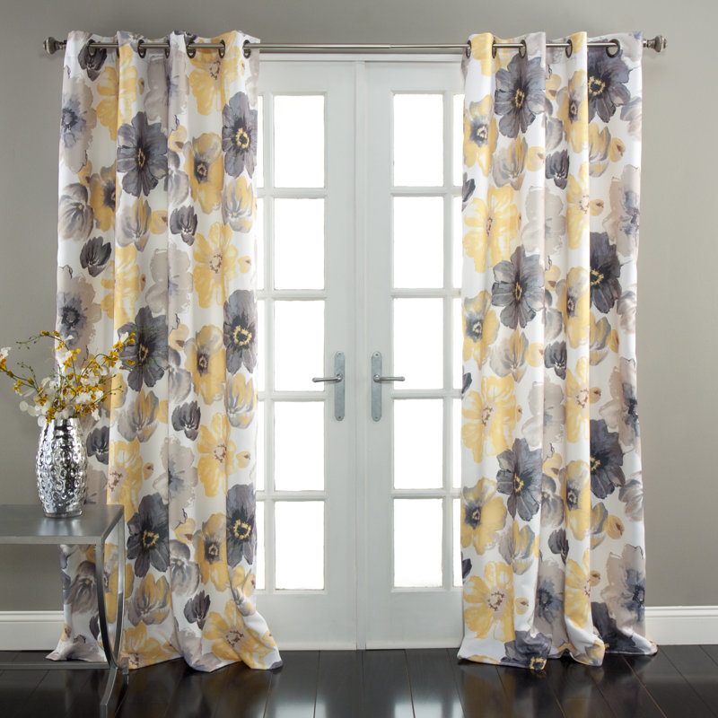 Leah Room Darkening Curtain Pair, Yellow/Gray, 52"W x 120"L