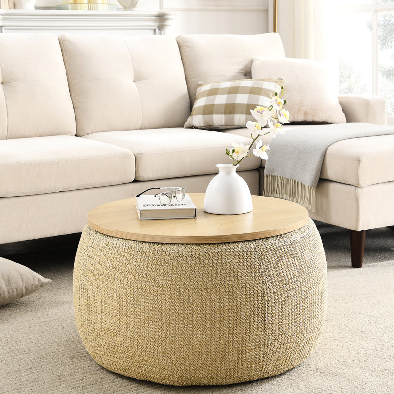 Rangement rond - naturel, 2 en 1 comme table de bout et tabouret de pieds, fabriqué à la main avec un revêtement en plastique, mousse supérieure de 15 mm, 25,5 x 25,5 x 14,5, capacité de 250 lb, aucun assemblage requis combiné naturel, fait à la main, somptueux