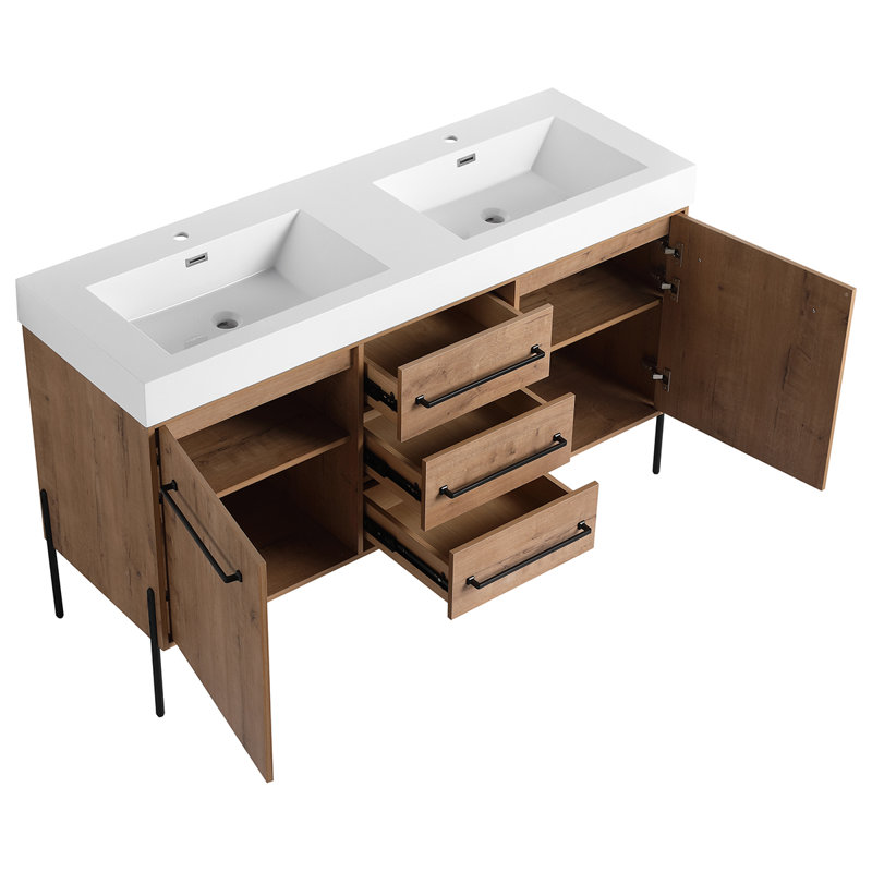 Meuble-lavabo autoportant 60 po avec double lavabo en résine blanche, 2 portes d'armoire à fermeture en douceur et 3 tiroirs, imitation chêne