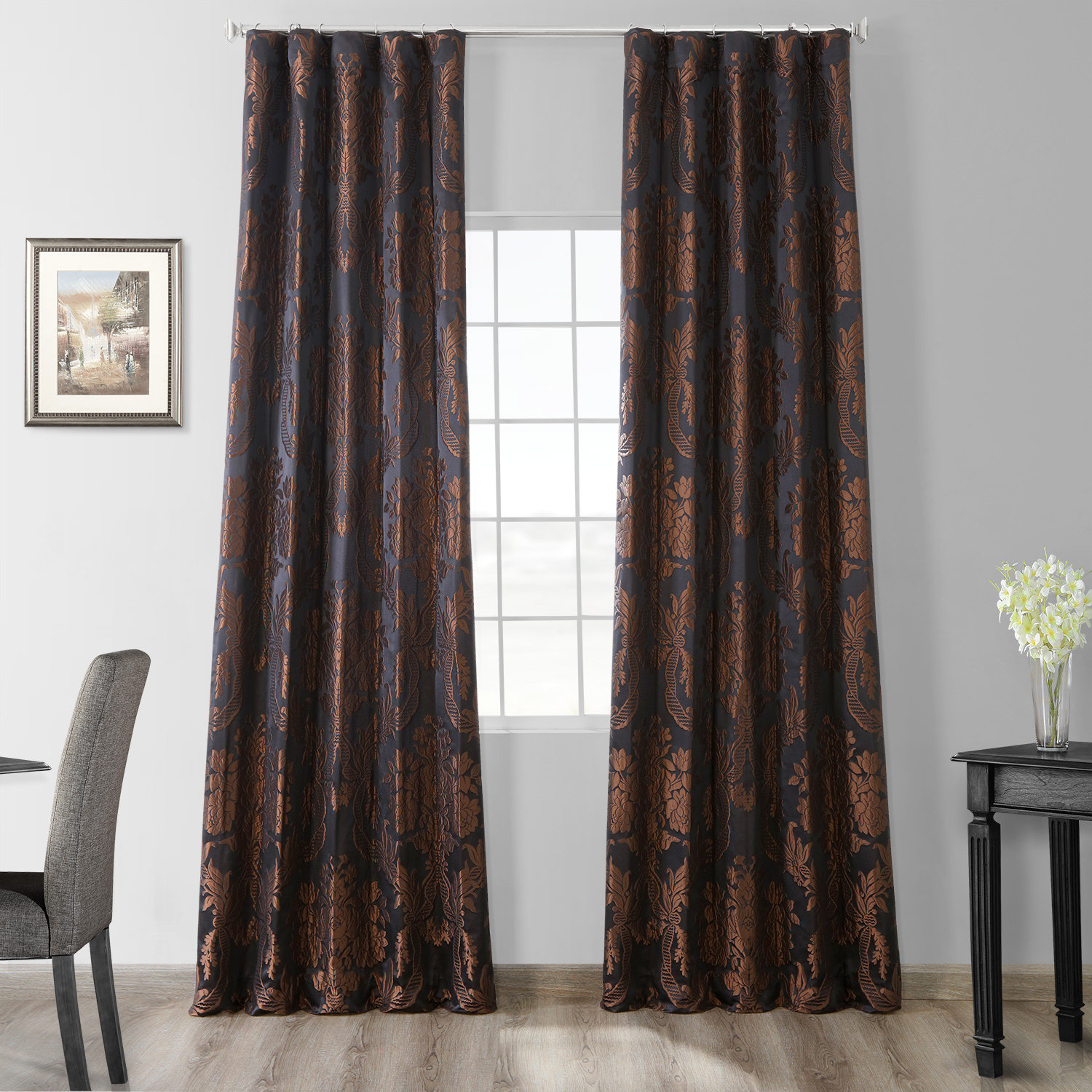 Ballsallagh Floral Faux Silk Room Darkening Curtain Panel, Black/Cognac, 50" W x 96" L