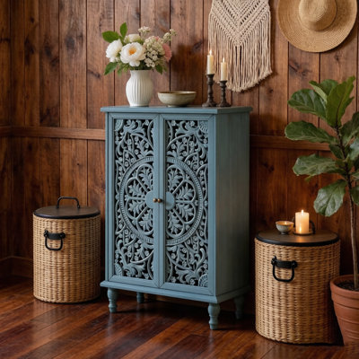 Hollow Carved Vintage Cabinet with Adjustable Shelf, Freestanding Credenza Cabinet with 2 Door Entryway Living Room Dining Room, Antique Blue