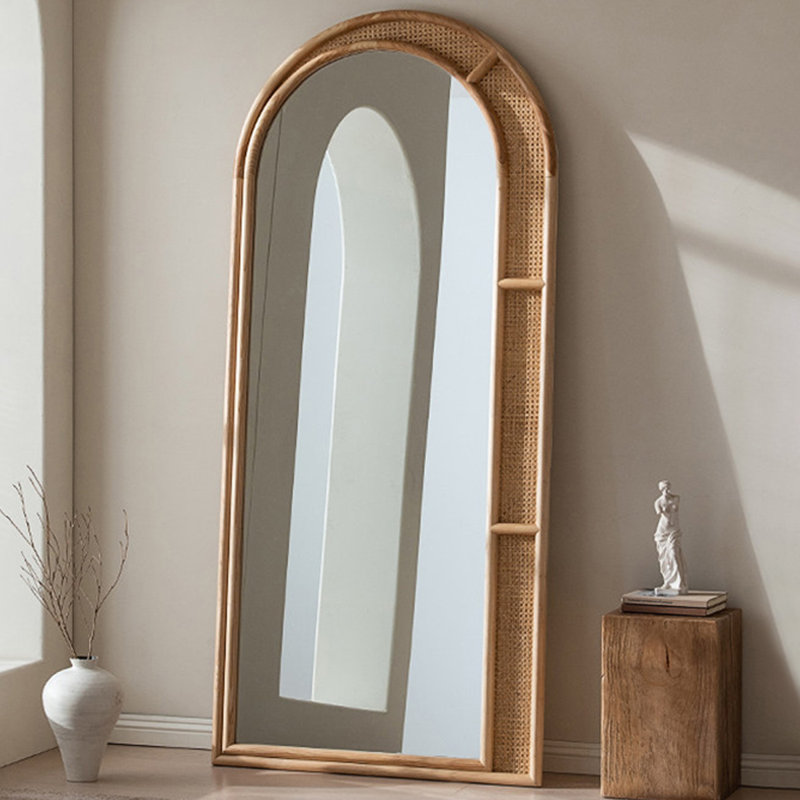 Demi-cercle en bois massif + miroirs pleine longueur en rotin, 70.87" H x 39.37" W