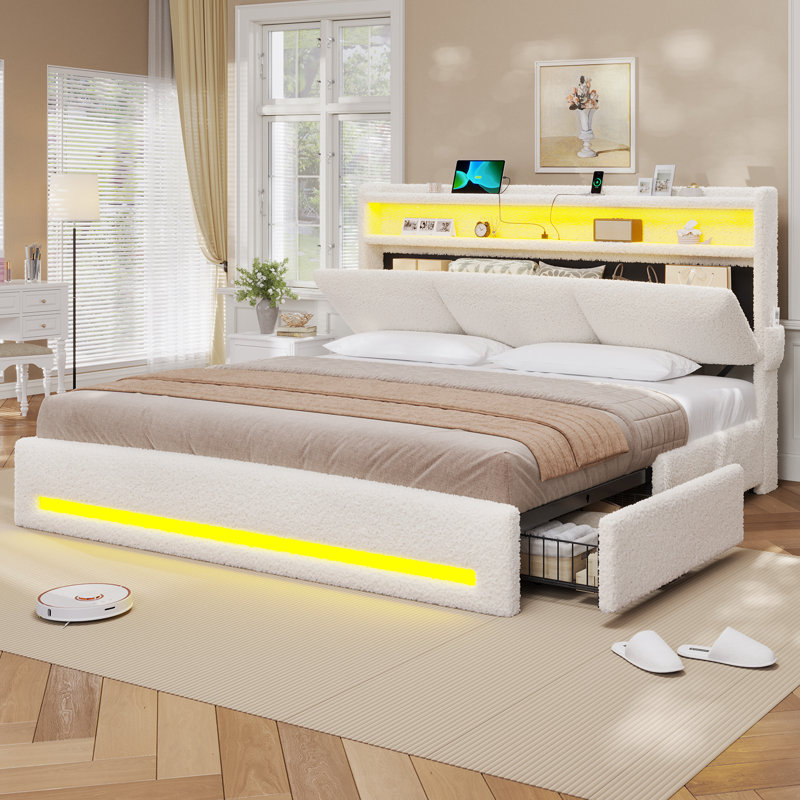 Upholstered Bed Frame With 4 Drawers, King, Cream White