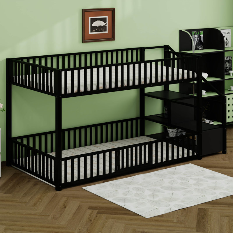 Twin Floor Bunk Bed With Storage Ladder And Guardrails, Black