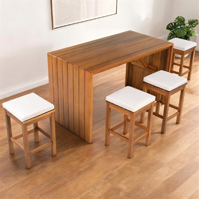 This Five-Piece Acacia Wood Bar Set Features A Simple And Practical Design, With A Single Table And Four Beige Upholstered Bar Stools.