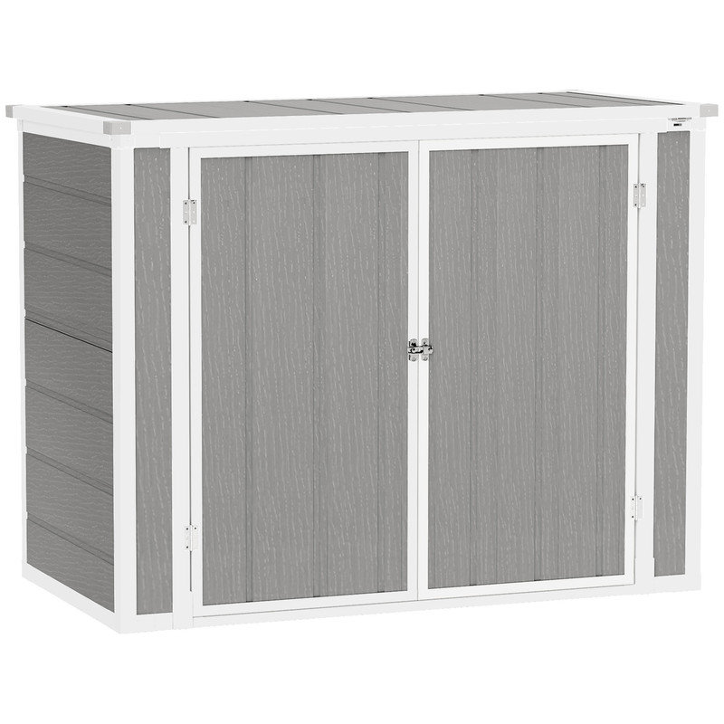 Double Bin Garden Shed for 2 Trash Cans – 4.7 x 2.5FT Grey Outdoor Storage with Pneumatic Lifting Lid & Lockable Doors, Polypropylene Tool Cabinet 143cm Wide