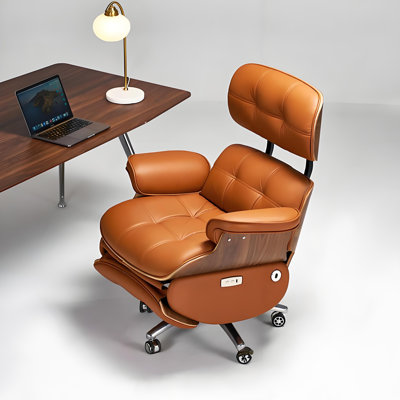 Fauteuil de bureau électrique en cuir véritable brun 44,88 pouces avec massage lombaire à deux moteurs