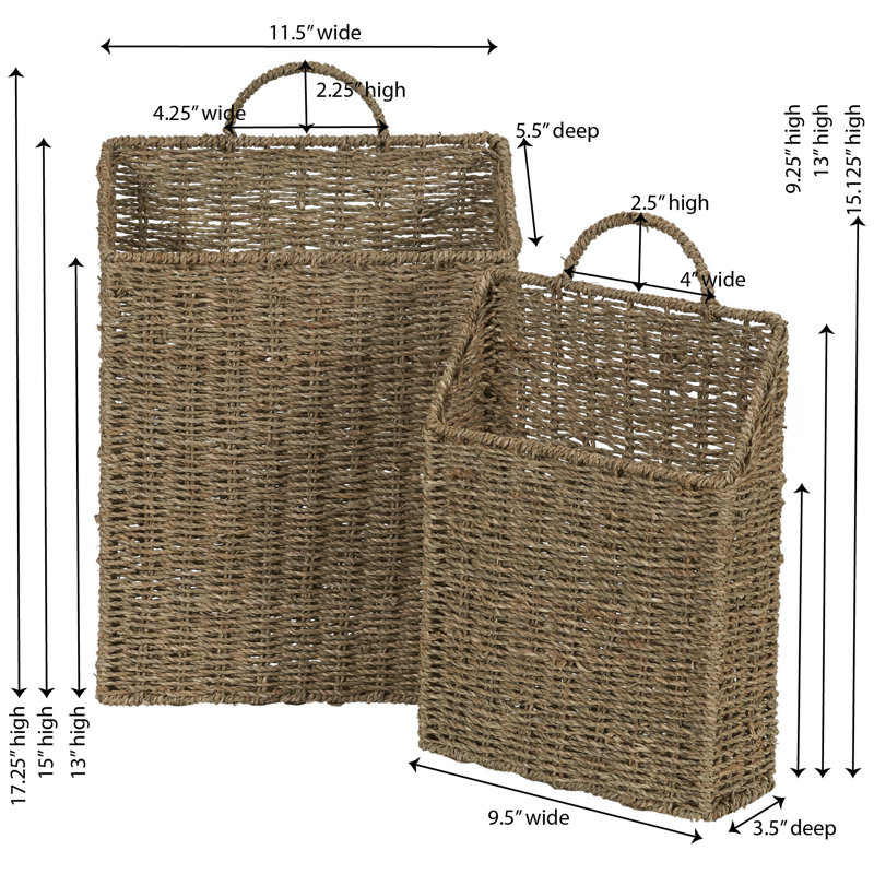 2-Piece Rectangular Wicker Hanging Basket Set in Handwoven Seagrass with Metal Frame
