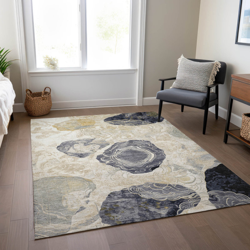 Ivory and Blue Synthetic Flat Woven 5' x 7' Area Rug