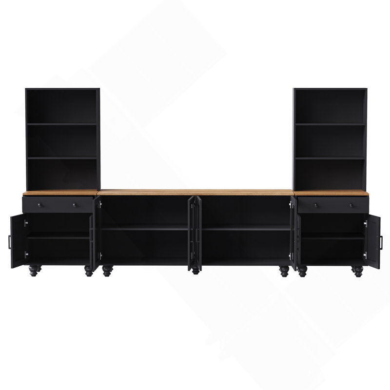Modern Entertainment Center for TVs Up to 70" with Bookshelves and Tempered Glass Doors, Black/Walnut