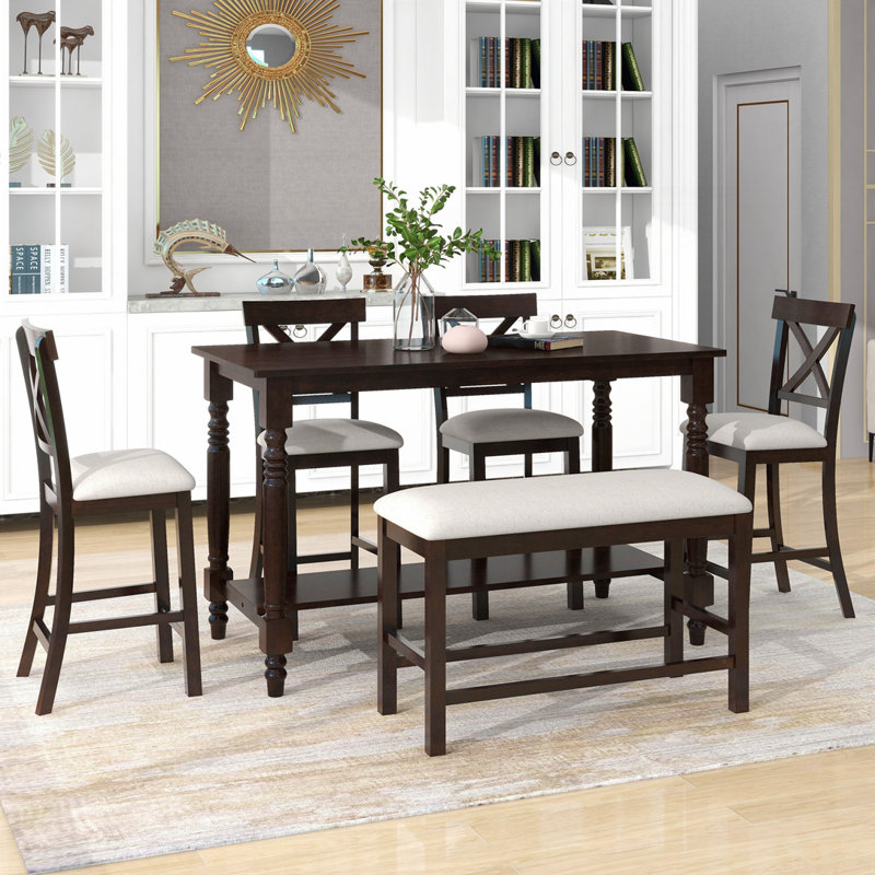 Ensemble de table de salle à manger 6 pièces à hauteur de comptoir avec 4 chaises et un banc pour la salle à manger, Espresso