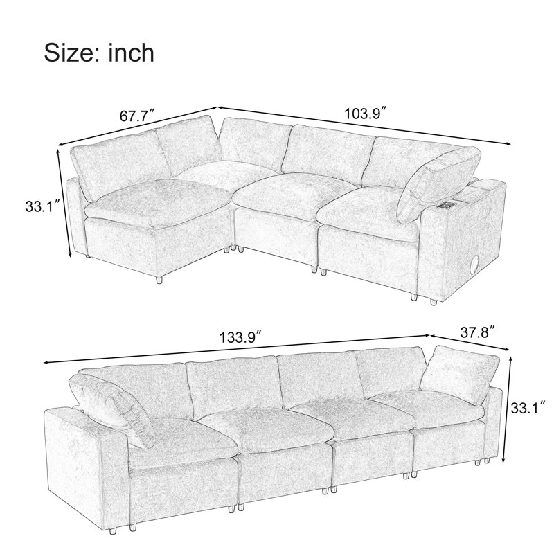 Modern Modular Sleeper Sectional Sofa Bed with Storage Space and USB Charge Ports and Built-in Bluetooth Speaker, Beige