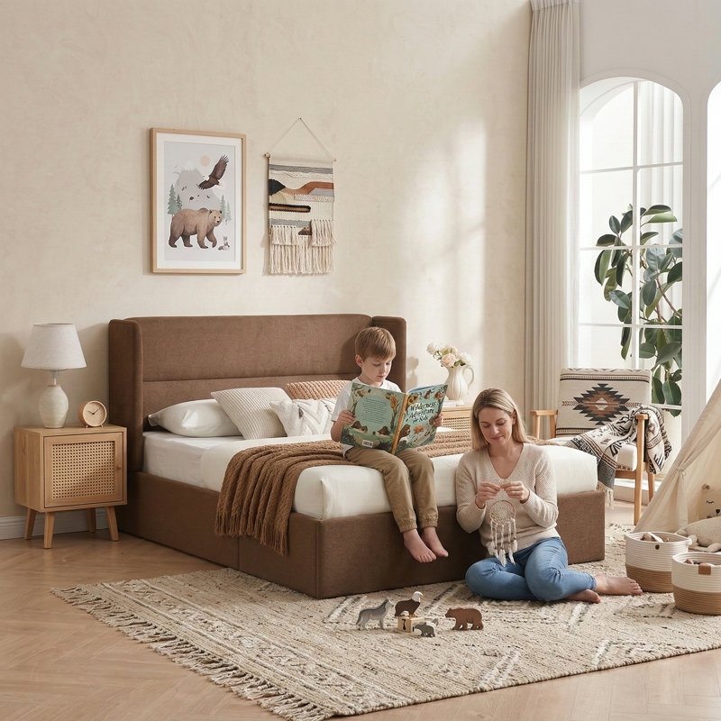 Lit plateforme tapissier avec rangement Gaillarde, Grand, Café