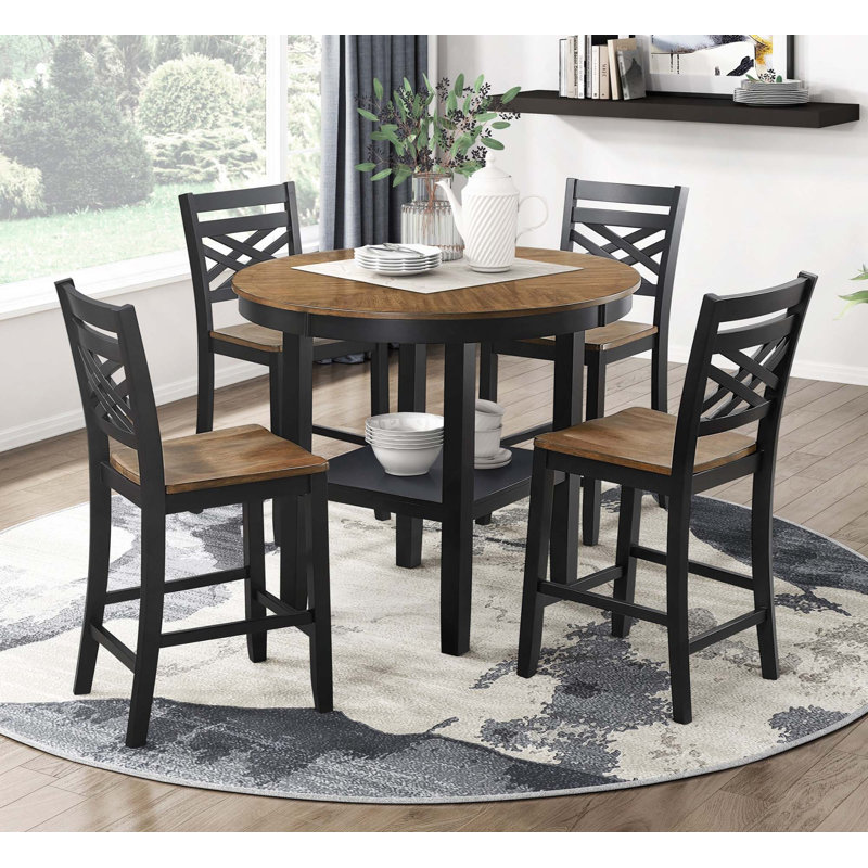5PCS Counter Height Dining Set, Wooden Round Table With Storage And 4 Counter Height Chairs