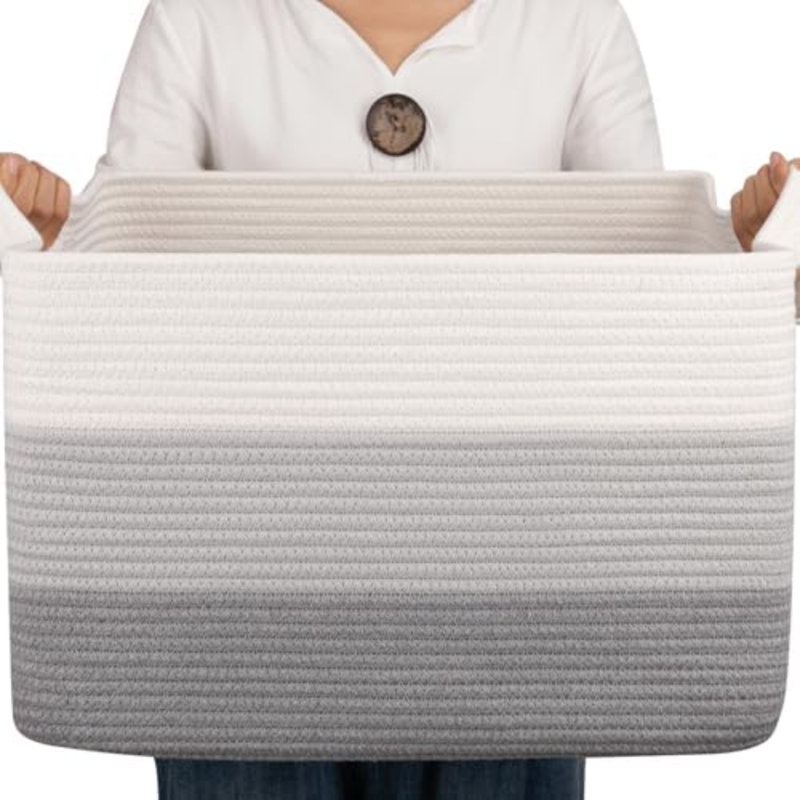 Cotton Rope Basket, Rectangle Woven Baskets For Storage, Nursery Blanket Storage Living Room, Toy Basket With Handle-17.7”X13.8”X11”-Gradient Grey